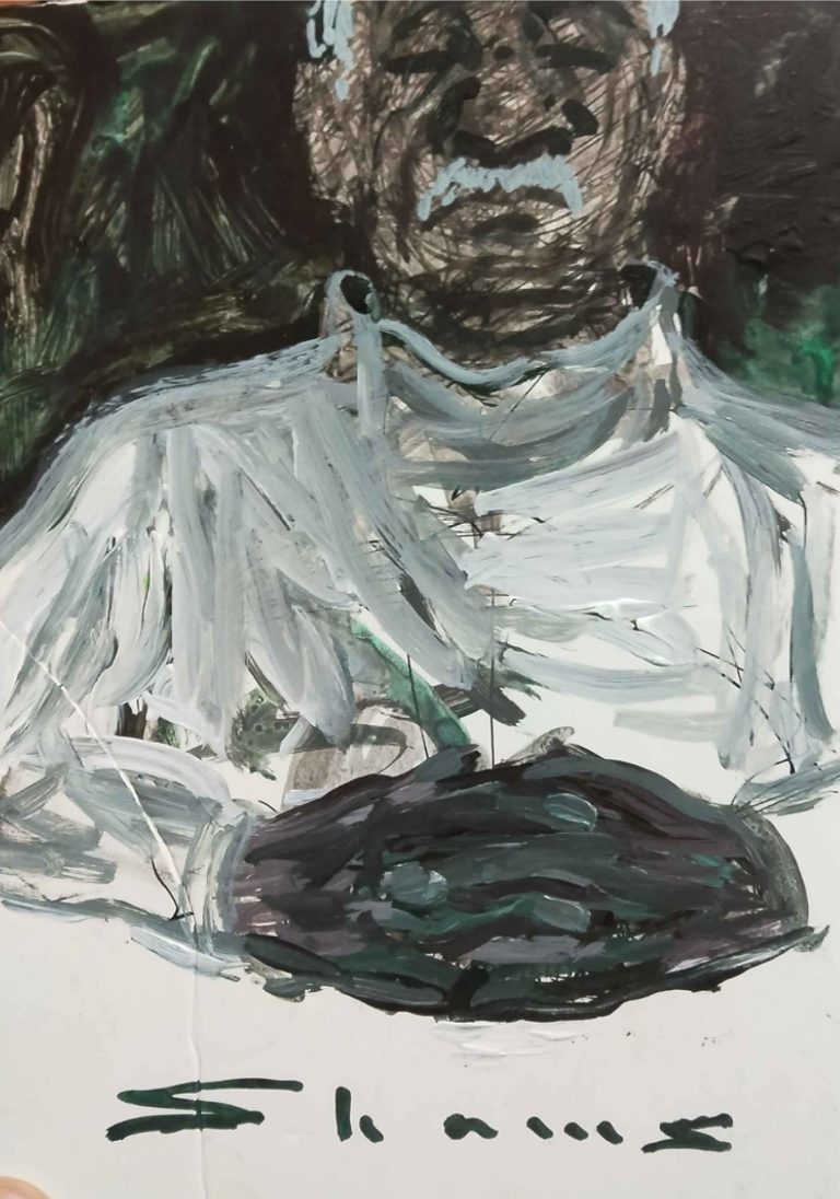 Father at Rest 2, 15 × 20.5 cm, Acrylic and Marker on Cardboard, 2024
