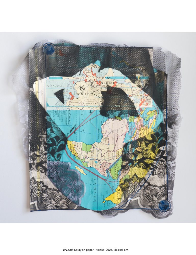W land, Spray on paper +textile ,2025,85x91cm
