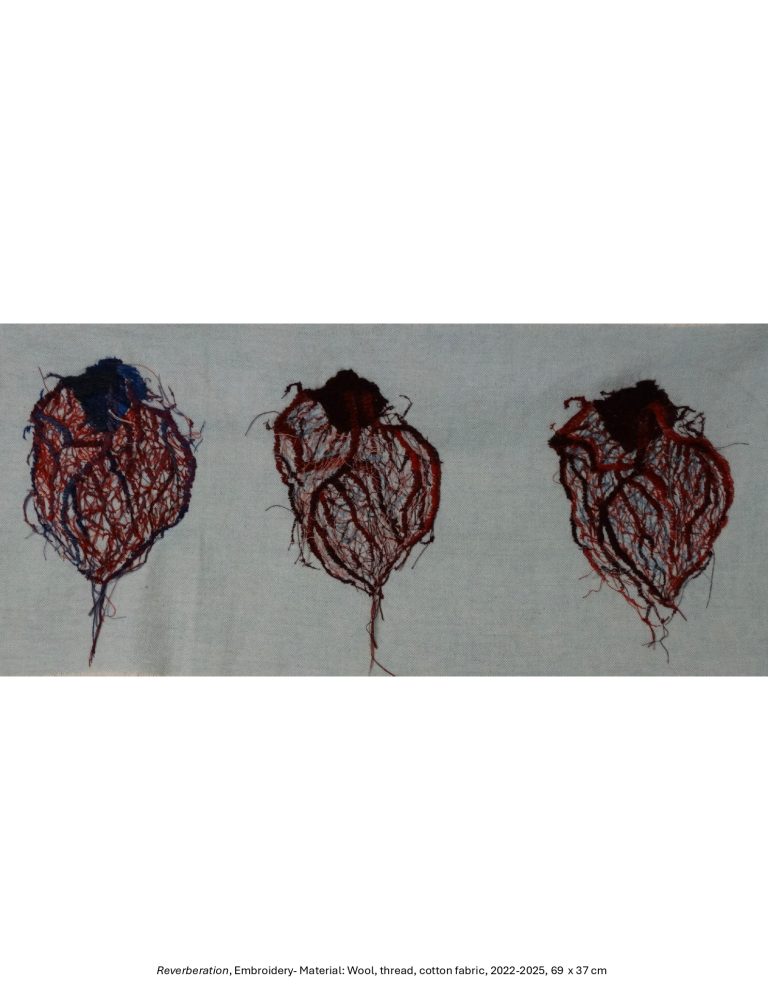 Reverberation, Embroidery- Material: Wool, thread, cotton fabric, 2022-2025, 69 x 37 cm
