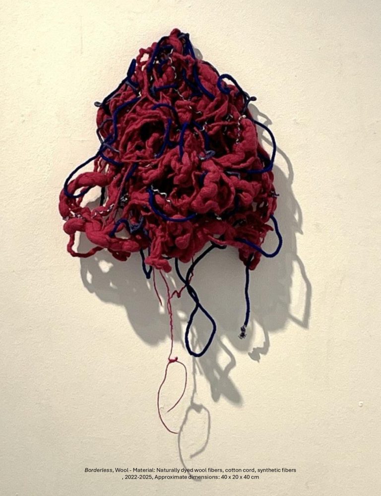 Borderless, Wool - Material: Naturally dyed wool fibers, cotton cord, synthetic fibers ,2022-2025, Approximate dimensions 40x20x40 cm