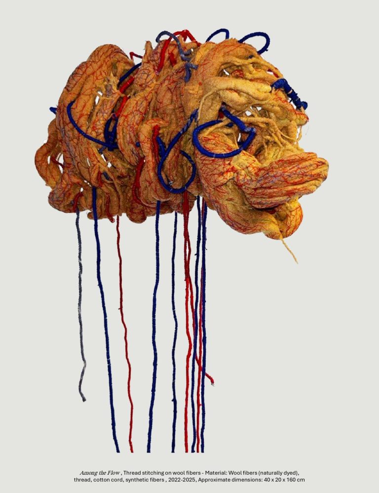 Among the Flow, thread stitching on wool fibers - Material: Wool fibers (naturally dyed), 
thread, cotton cord, synthetic fibers, 2022-2025, Approximate dimensions: 40 x 20 x 160 cm
