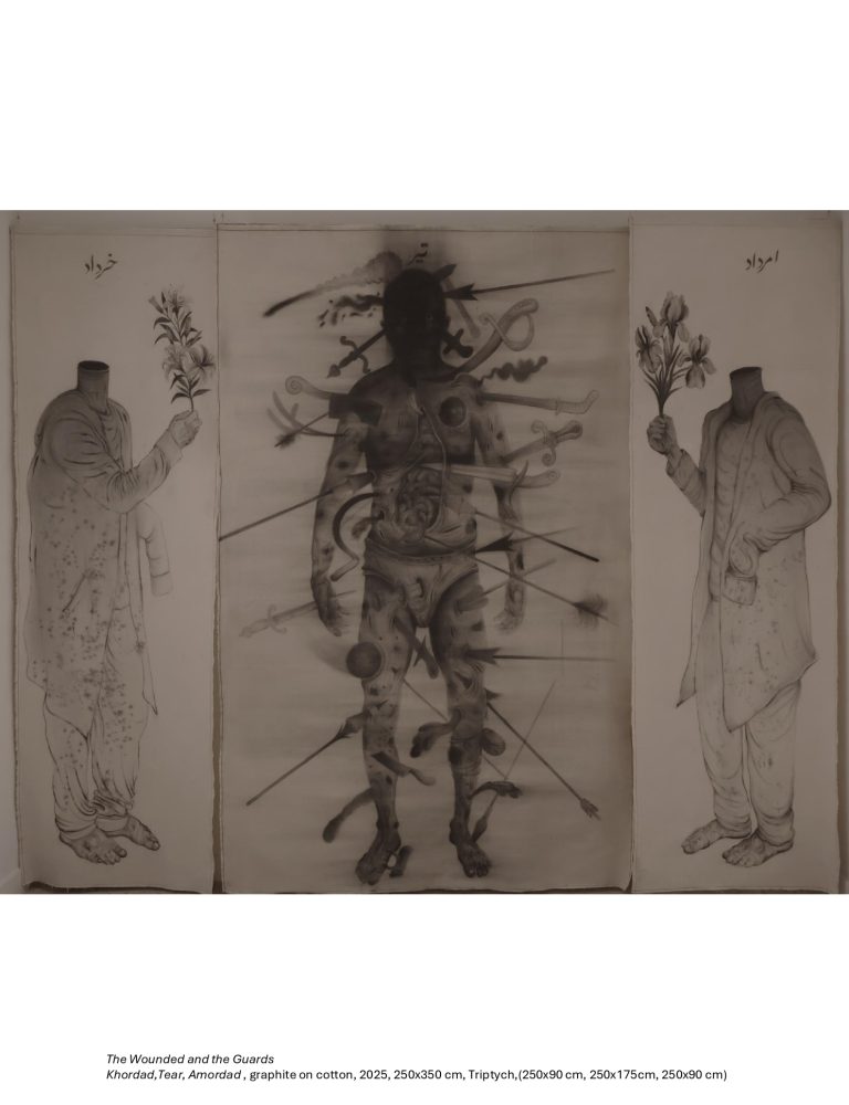 The Wounded and the Guards Khordad,Tear, Amordad , graphite on cotton, 2025, 250x350 cm, Triptych,(250x90 cm, 250x175cm, 250x90 cm)